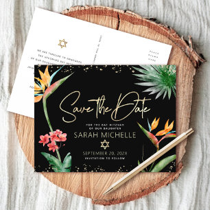 Invitation Carte Postale Tropicale Bat Mitzvah Sauvegarder Date Noir Or Flo