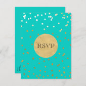 Invitation Carte Postale Turquoise Bleu & Or Confetti Brillants Points RSVP (Devant / Derrière)