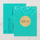 Invitation Carte Postale Turquoise Blue & Gold brillants confettis points R (Devant / Derrière)