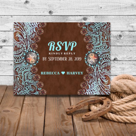 Invitation Carte Postale turquoise marron pays mariage occidental RSVP
