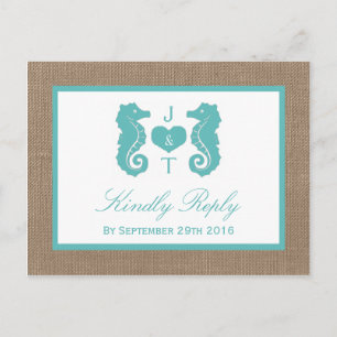 Invitation Carte Postale Turquoise Seahorse Burlap Beach Wedding Collection