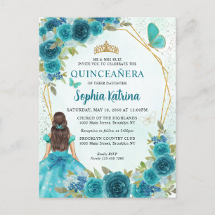 Invitation Carte Postale Turquoise Verte Glam Or Floral Princesse Quinceañe