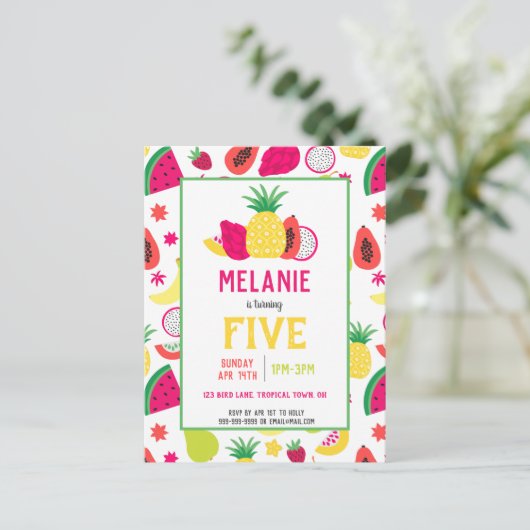 Invitation Carte Postale Tutti Frutti Fruit Tropical Anniversaire (Debout devant)