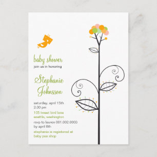 Invitation Carte Postale Tweeter Oiseau Fleur Jaune Points Arbre Baby showe