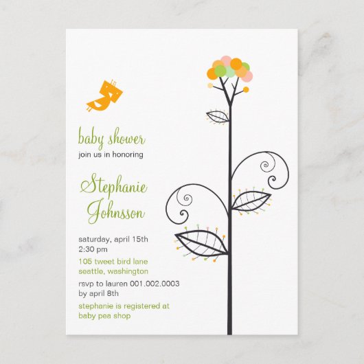 Invitation Carte Postale Tweeter Oiseau Fleur Jaune Points Arbre Baby showe (Devant)