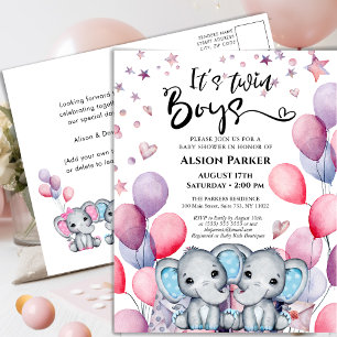 Invitation Carte Postale Twin Boys Elephant Blue Balloons mignonette Baby s