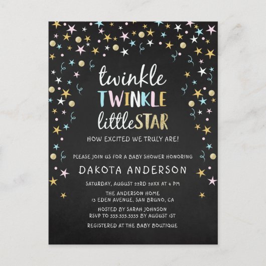 Invitation Carte Postale Twinkle Little Star Confetti & Chalk Baby shower (Devant)