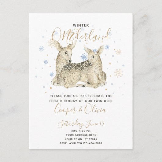 Invitation Carte Postale Twins Winter ONEderland Deer Baby's 1st Birthday (Devant)
