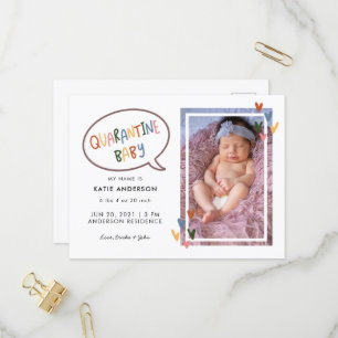 Invitation Carte Postale Typographie colorée Quarantaine Photo Nouveau-né