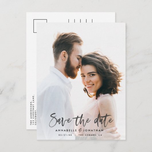 Invitation Carte Postale Typographie de script d'aquarelle moderne mariage (Devant / Derrière)