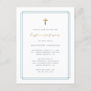 Invitation Carte Postale Typographie moderne simple Première communion bleu