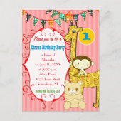 Invitation Carte Postale Un an Cirque Elephant Monkey Giraffe Party (Devant)