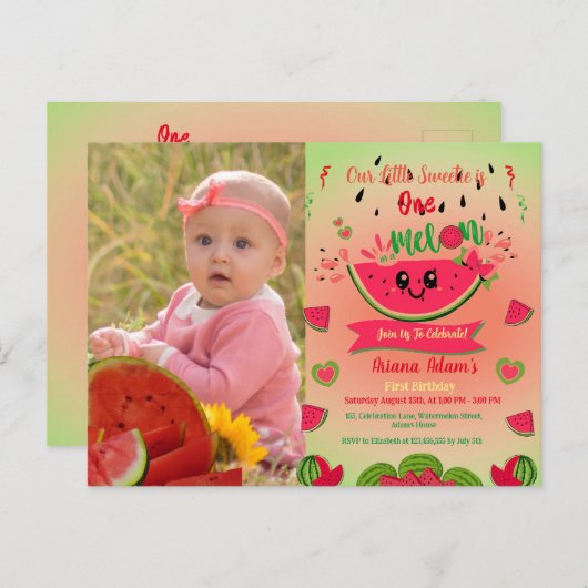 Invitation Carte Postale Un Dans Un Melon Watermelon Photo Premier Annivers (Devant / Derrière)