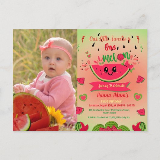 Invitation Carte Postale Un Dans Un Melon Watermelon Photo Premier Annivers (Devant)