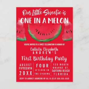 Invitation Carte Postale Un dans une pastèque Melon Watercolor 1er annivers