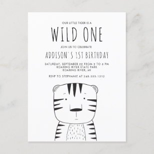 Invitation Carte Postale Un premier anniversaire sauvage Noir Blanc Tigre