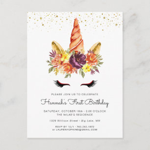 Invitation Carte Postale Unicorn Visage Automne Floral Anniversaire Invitat