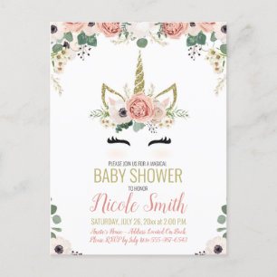 Invitation Carte Postale Unicorne Baby shower rose or aquarelle florale
