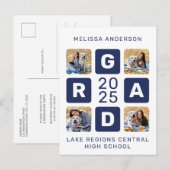 Invitation Carte Postale Unique Bleu de marine Bleu 4 Photo Graduation (Devant / Derrière)