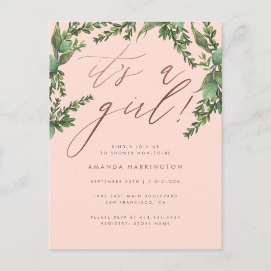 Invitation Carte Postale Verdure luxuriante Rose or C'est un Baby shower po (Devant)