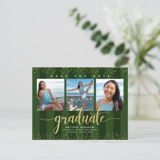 Invitation Carte Postale Vert enregistrer la date graduation photo parties  (Debout devant)