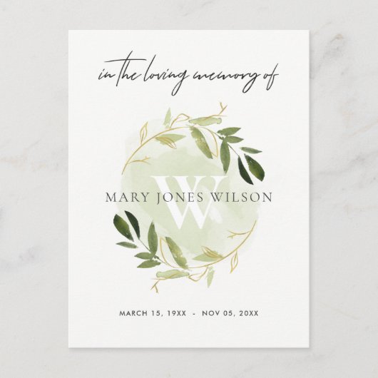 INVITATION CARTE POSTALE VERT OR FAUNA WREATH SYMPATHIE SERVICE MÉMORIAL (Devant)