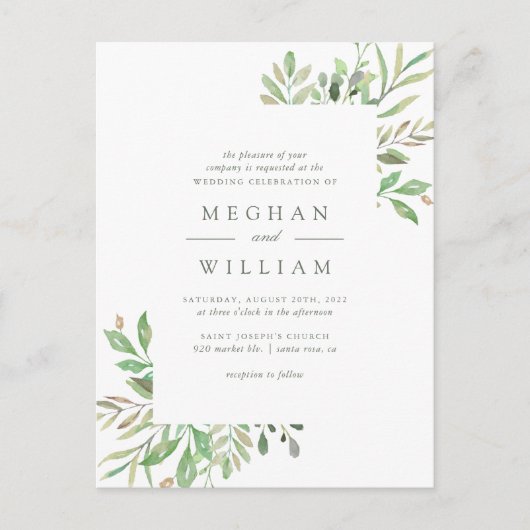 Invitation Carte Postale Verte Feuilles et Mariage vert (Devant)