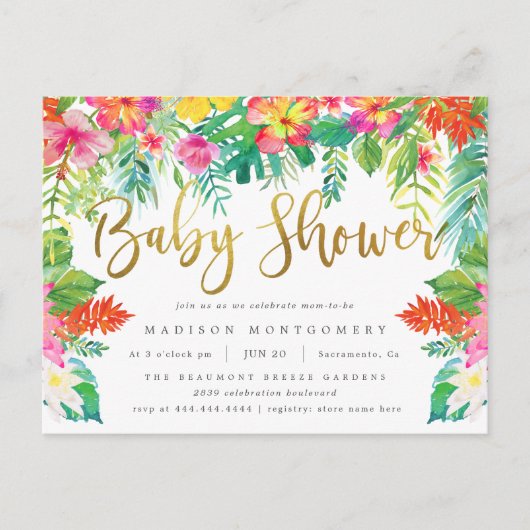 Invitation Carte Postale Vibrant Hibiscus Tropical Foliage Baby shower Or (Devant)
