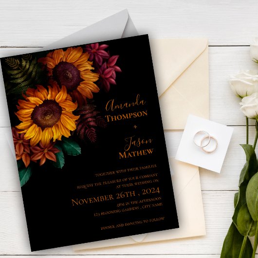 Invitation Carte Postale Vibrant Noir Brûlé Orange Floral Moderne Mariage