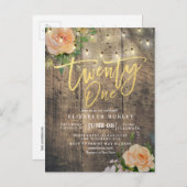 Invitation Carte Postale Vingt et un Anniversaire Fleur Bois Chaîne Lumière (Devant / Derrière)