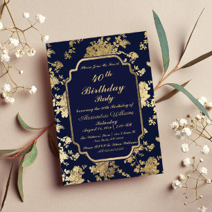 Invitation Carte Postale Vintage Marine Blue Gold Floral 40e anniversaire
