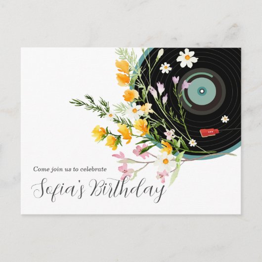 Invitation Carte Postale Vinyl Record, floral, Oldies Rustique, musique fém (Devant)