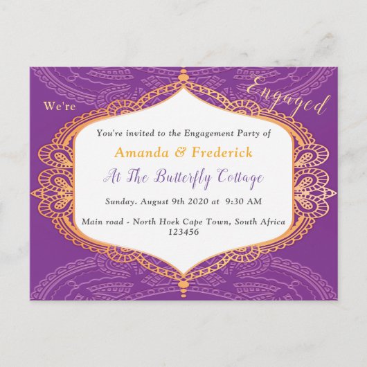 Invitation Carte Postale Violet avec Mandalas d'or (Devant)