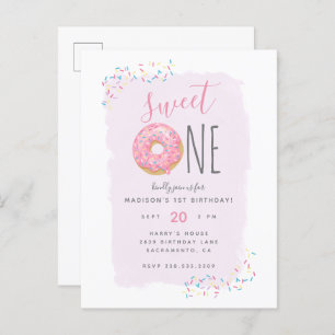 Invitation Carte Postale Violet   Doughnut rose saupoudrer doux 1er anniver