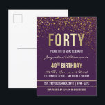 Invitation Carte Postale Violet | Gold Confetti 40e fête d'anniversaire<br><div class="desc">Violet | Gold Confetti 40th Birthday Party Postcard Invitations. Cette invitation formelle, élégante, branchée et moderne à la fête du quarantième anniversaire convient aux hommes ou aux femmes. Il comprend des lignes dorées propres, un script gothique coque supérieur élégant, et un texte sophistiqué de feuille d'or faux sur un arrière...</div>