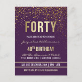 Invitation Carte Postale Violet | Gold Confetti 40e fête d'anniversaire (Devant)