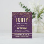 Invitation Carte Postale Violet | Gold Confetti 40e fête d'anniversaire (Debout devant)