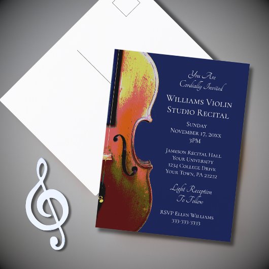 Invitation Carte Postale Violon musique classique Considérant Bleu Invitati