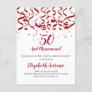 Invitation Carte Postale Virtual 50th Birthday Party Red Streamers