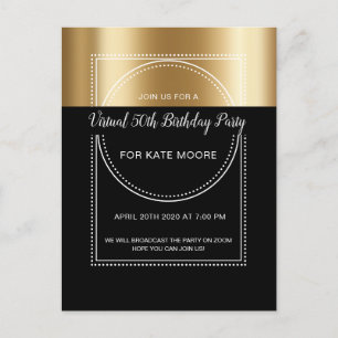 Invitation Carte Postale Virtual Birthday Party Metallic Gold sur Black 50t
