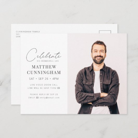 Invitation Carte Postale Virtuel Célébrer sa vie Photo simple moderne (Devant / Derrière)