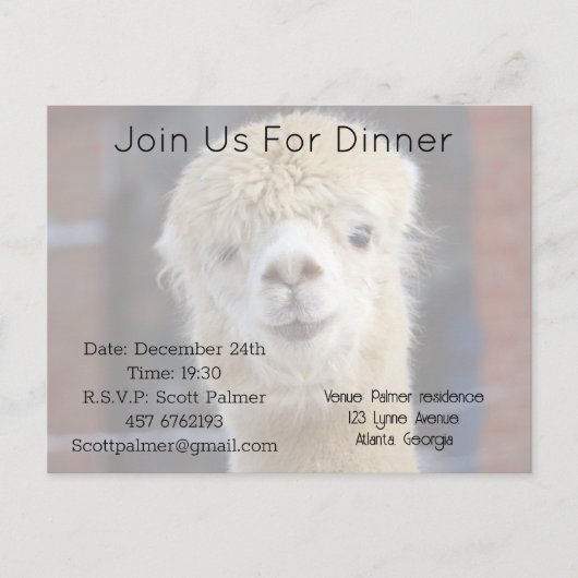Invitation Carte Postale Visage d'alpaca mignon        (Devant)