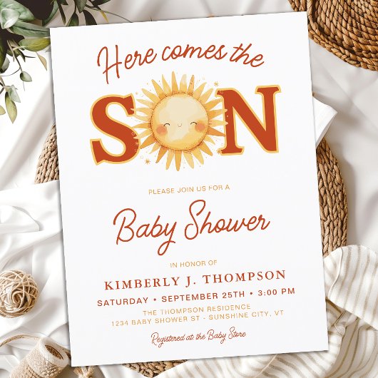 Invitation Carte Postale Voici Le Baby shower Son Sunshine Boho Boy