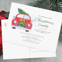 Voiture rouge vintage avec fête de famille arbre d
