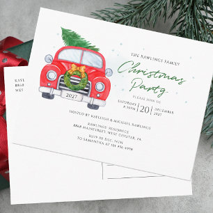 Invitation Carte Postale Voiture rouge vintage avec fête de famille arbre d