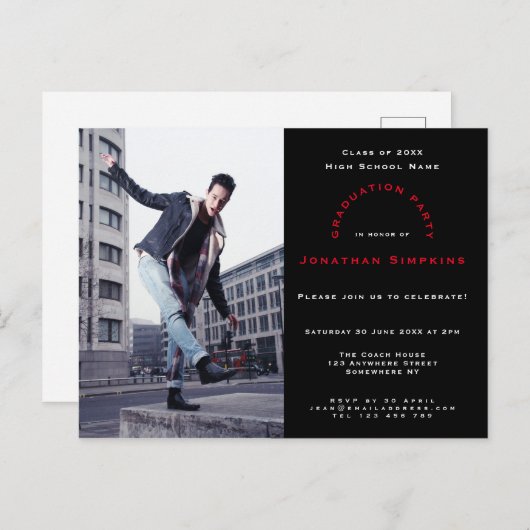 Invitation Carte Postale Votre photo/Black/Typographie/Graduation Party (Devant / Derrière)