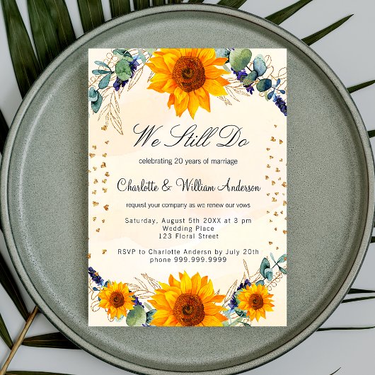 Invitation Carte Postale Vow renouveau tournesol eucalyptus coeur or
