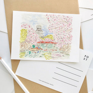 Invitation Carte Postale Voyage d'aquarelle japonais en fleurs de cerisier