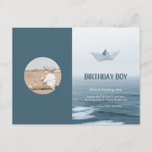 Invitation Carte Postale Watercolor Blue Boat Boat Birthday Party