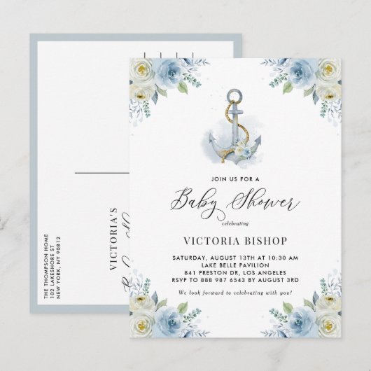 Invitation Carte Postale Watercolor Blue Floral Anchor Nautical Baby Shower (Devant / Derrière)